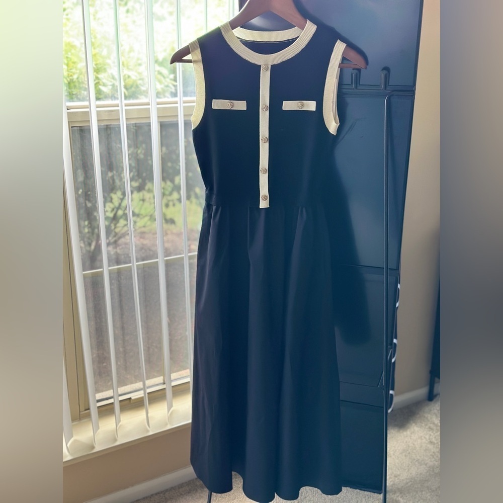 Elegant Goelia Lyocell Contrast Trim Patchwork Women Vest Midi Dress- XXS